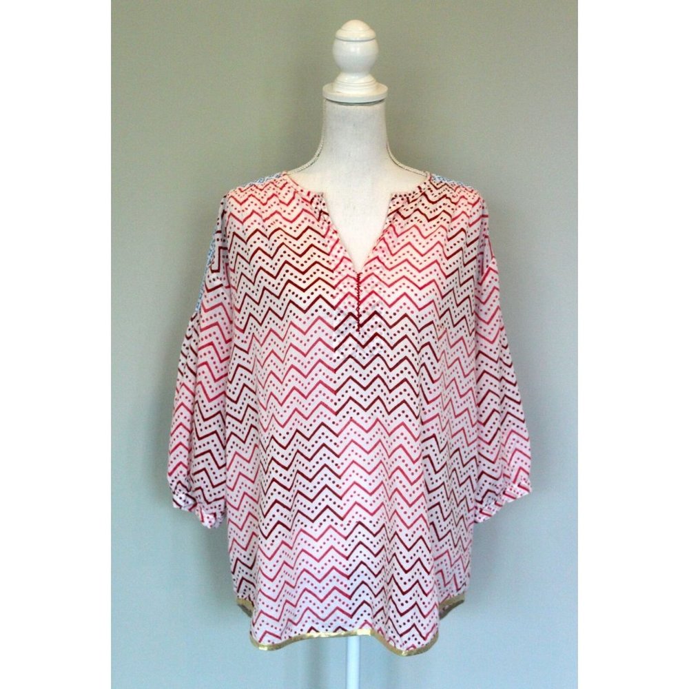 NIMO WITH LOVE Resort Wear Blouse Top Pink Red & Blue Gold , Size L Large